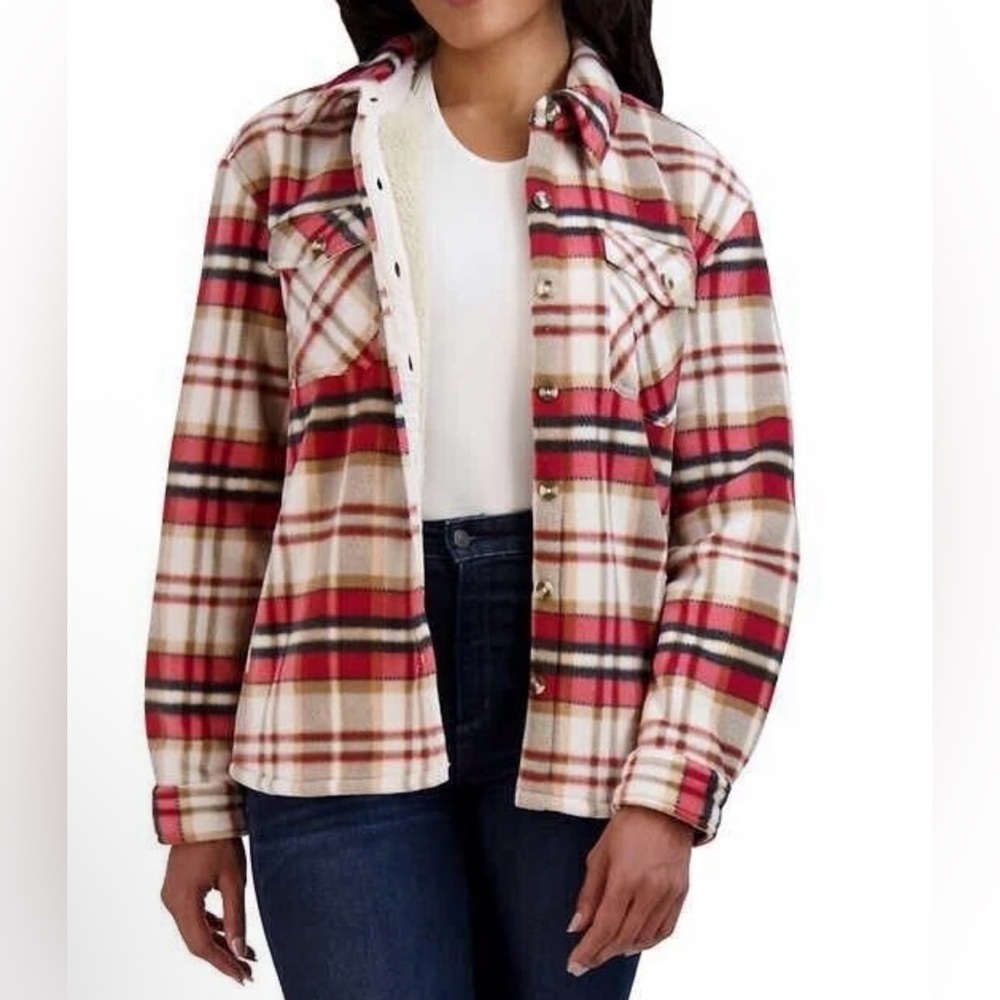 Sage Collective Cream, Red and Tan Plaid Faux Fur Lined Shacket - Size XL